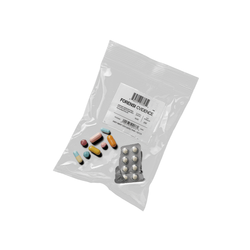Medication sealed in an evidence bag as part of a fictional forensic investigation