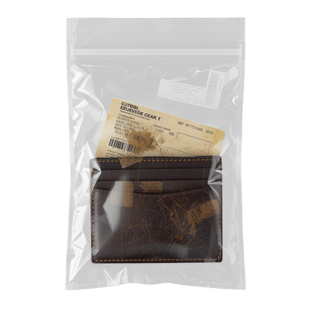 Wallet sealed in an evidence bag as part of a fictional forensic investigation