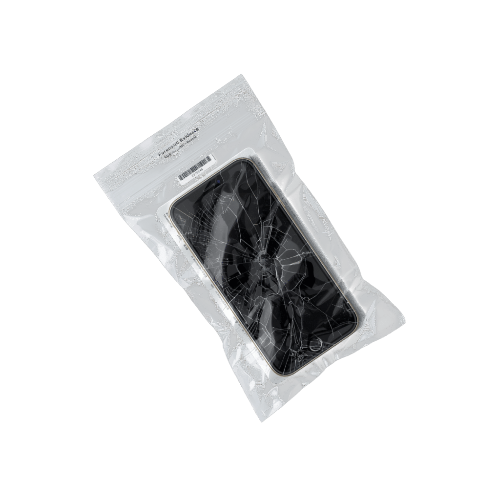 Mobile phone sealed in an evidence bag as part of a fictional forensic investigation