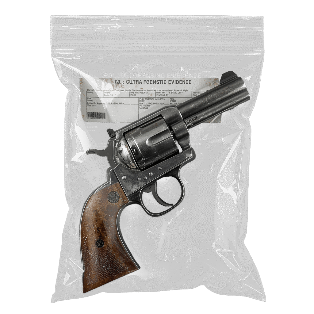 Firearm sealed in an evidence bag as part of a fictional forensic investigation